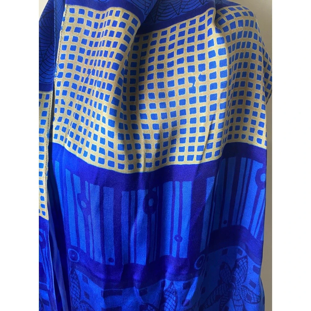 Vintage Blue Silk Scarf Geometric Floral Pattern Rectangular Wrap Shawl